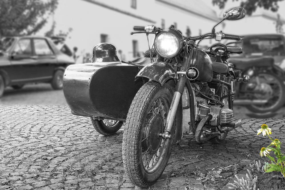 German helmet on Russian motorcycle