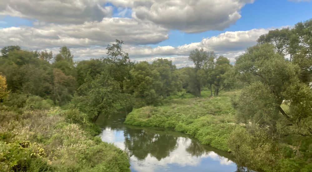 Landscape with reflection of water, clouds, forest, trees