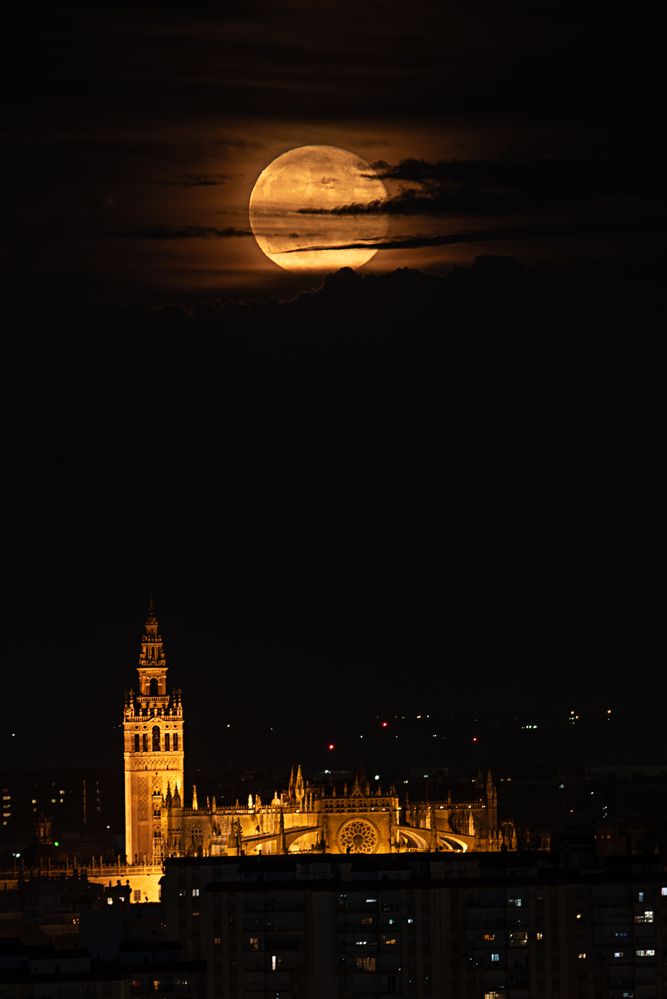Luna llena de la Cosecha sobre la Giralda de Sevilla