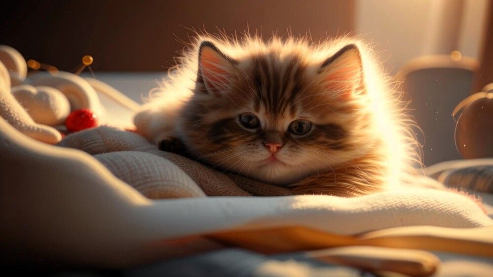 Cute fluffy kitten is lying on the couch