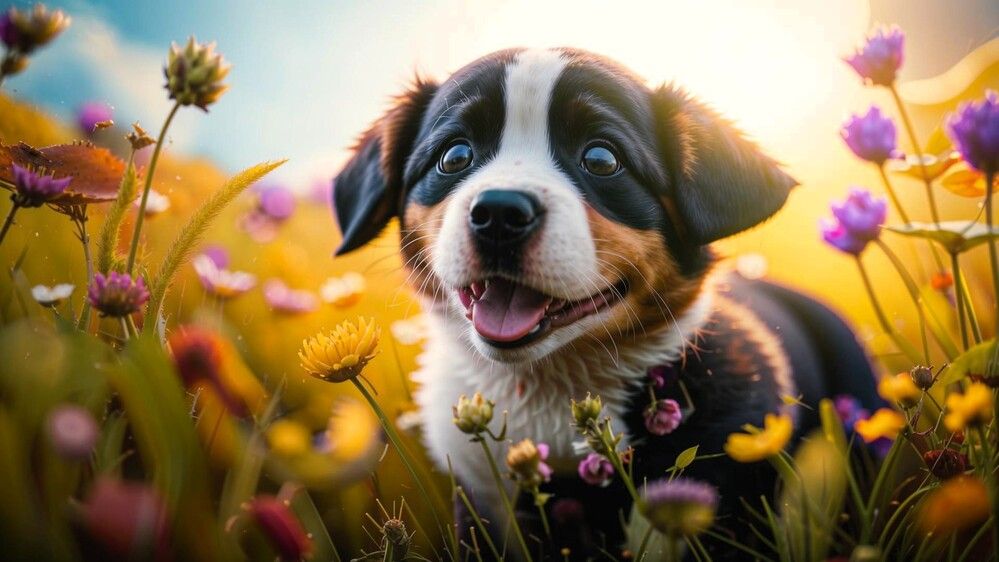 Playful dog Puppy Exploring a Field of Flowers