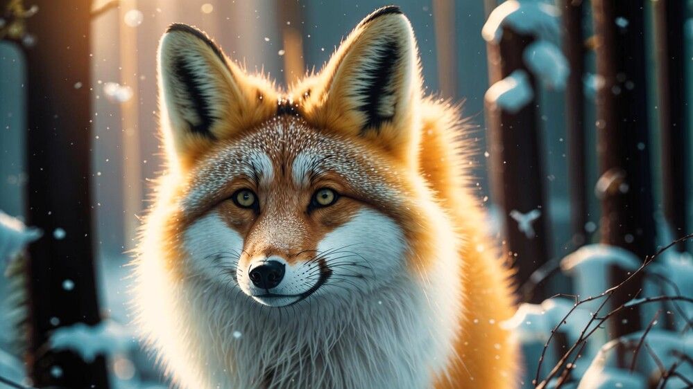 In the quiet stillness of a snow-covered forest, a fox stands alert and watchful.