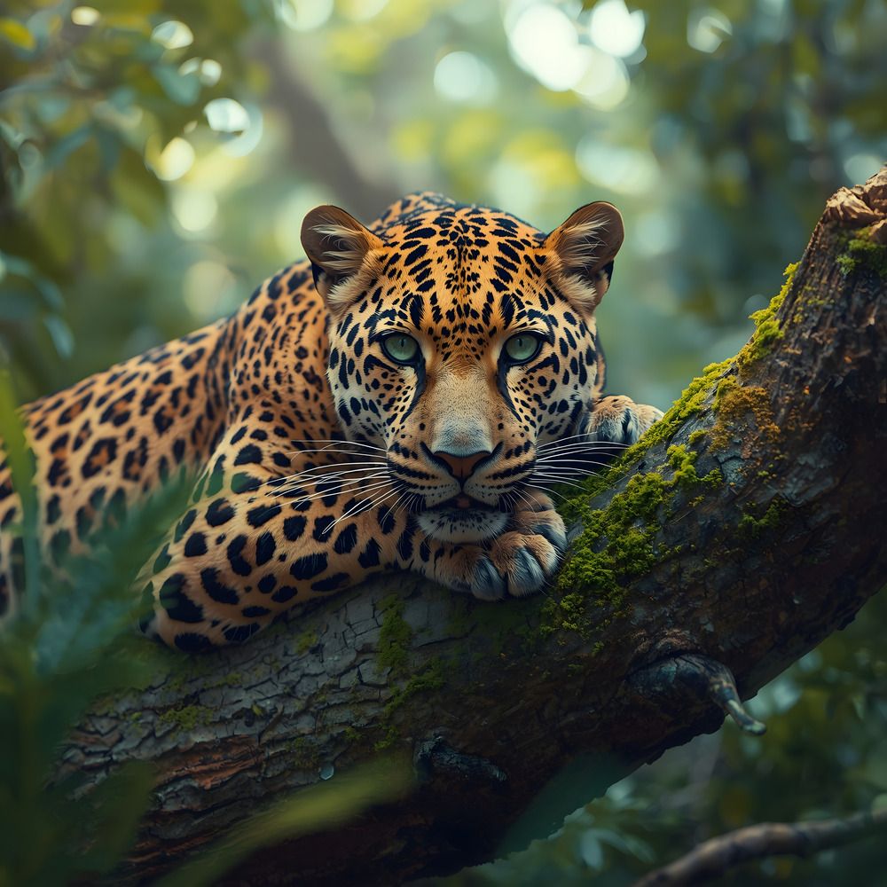 Majestic Leopard on Mossy Branch: A Vibrant Wildlife Portrait