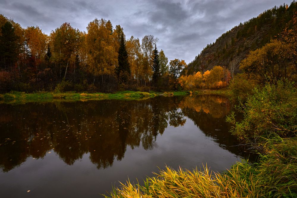 Листья плывут по осенней реке.