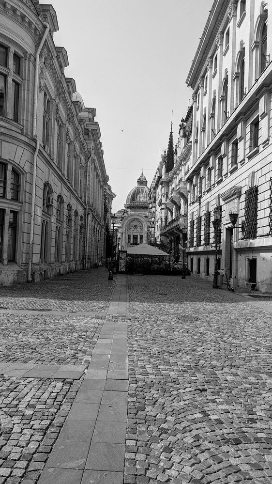 Black and White photography of cobblestone street in Bucharest, Romania