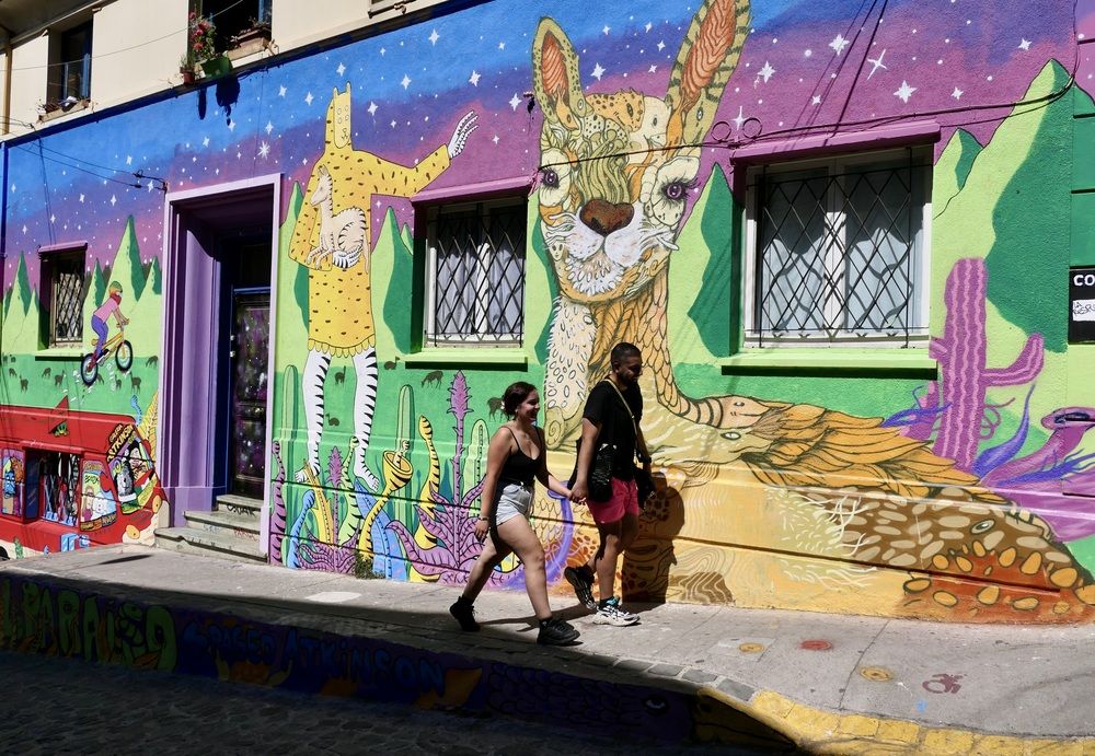 Happy people in colorful city
