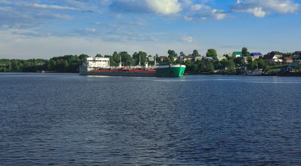 A river tanker on the Sheksna River on a summer morning