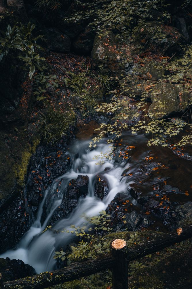 A long exposure shot of the small Mino Falls