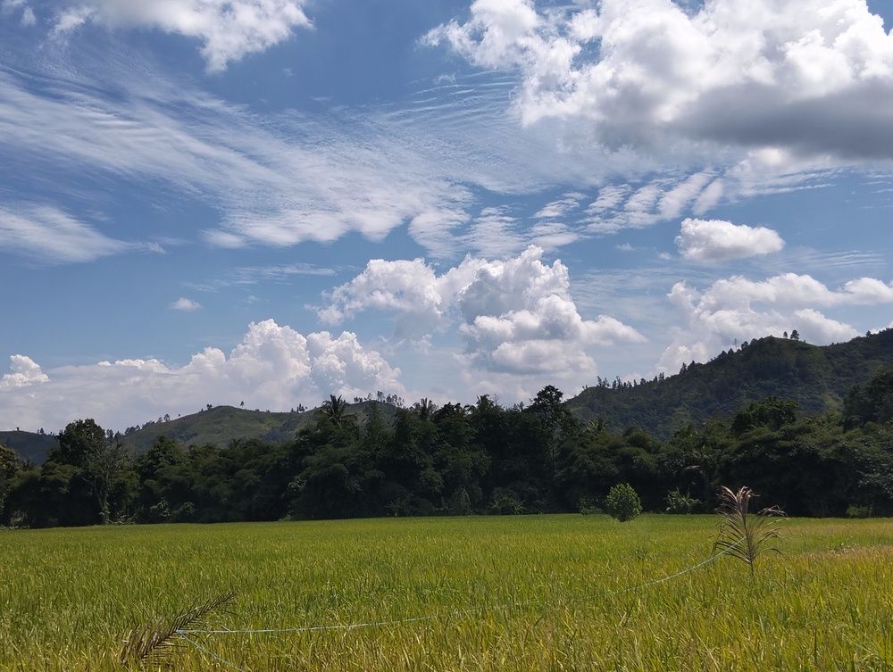 Greatest Allah Name with Blue and Beautyful Cloudy Sky Over Rice Field and Hills Scenery