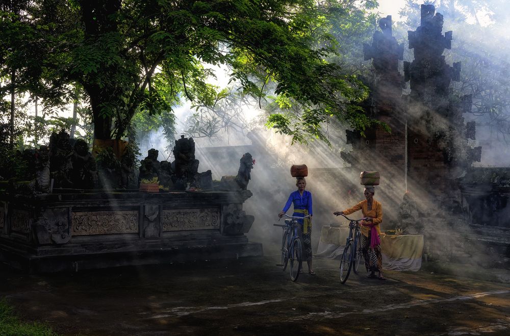 Two women with bikes side by side along a city street