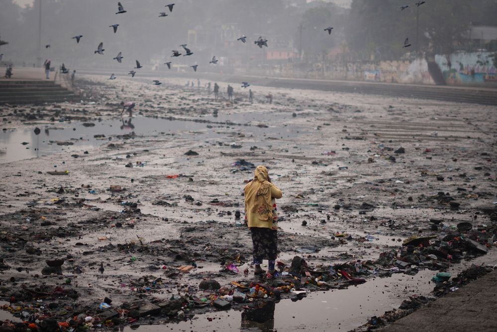 Riverbank with lone figure & birds