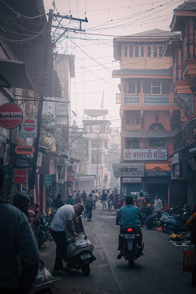 Old market street, winter fog & daily life