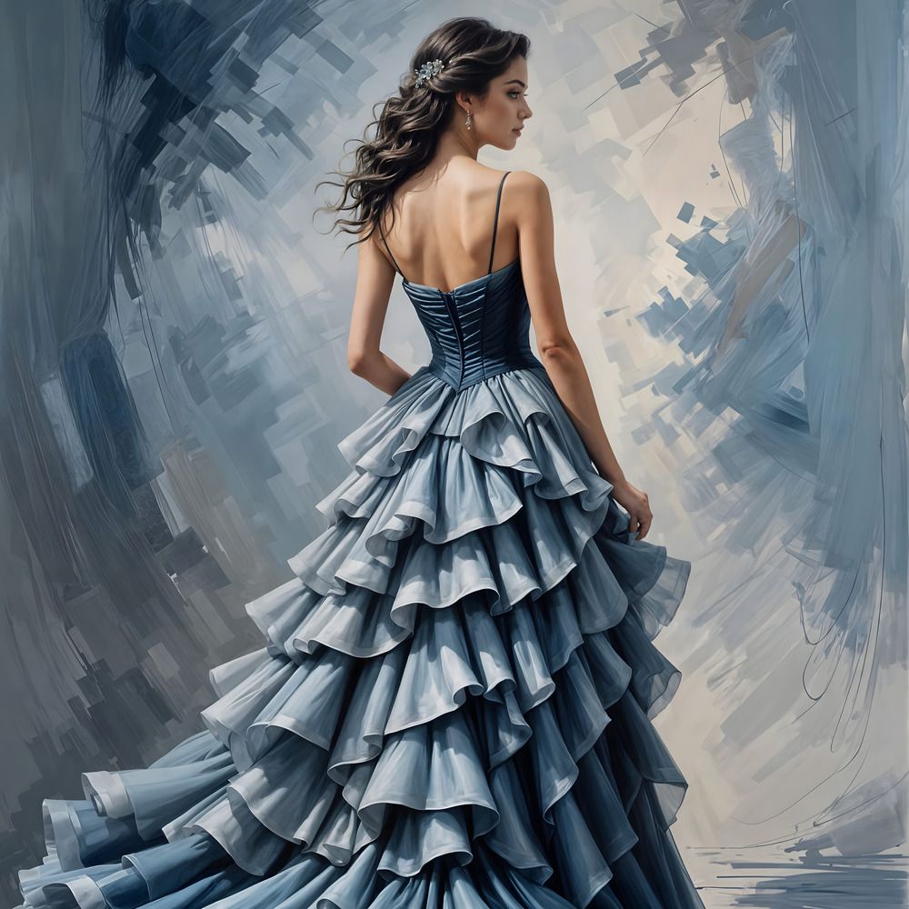 Elegant Woman in Voluminous Blue Gown Digital Painting