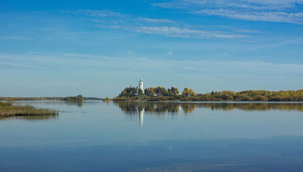 The Church of St. Athanasius the Great on the banks of the Kubena River on a clear autumn day