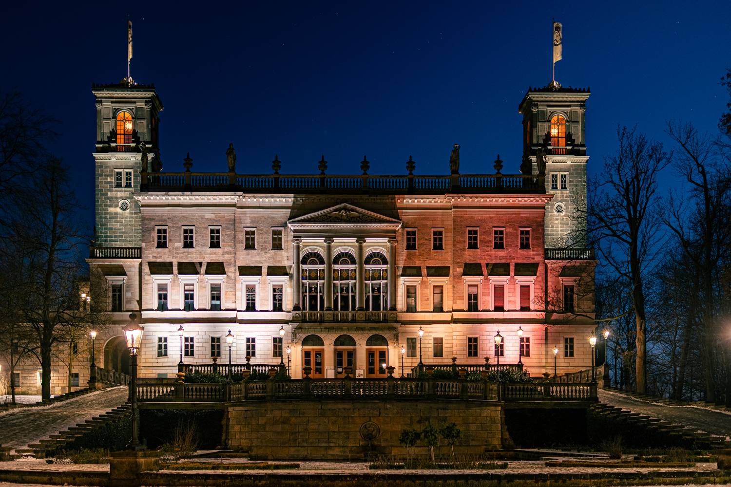 Albrechtsberg Palace in Dresden illuminated at night