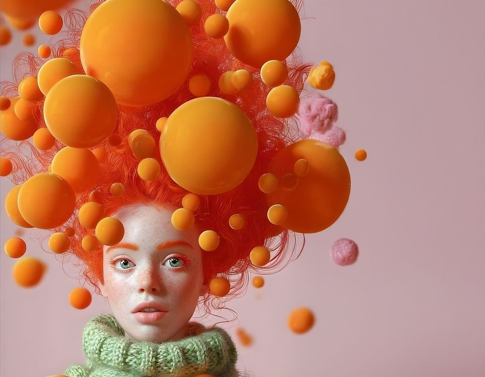 Futuristic concept with girl with green eyes and orange ballons.