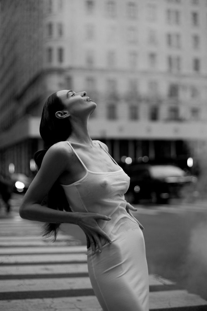 City breathe. A raw intersection of street aesthetic and feminine grace in the heart of the metropolis