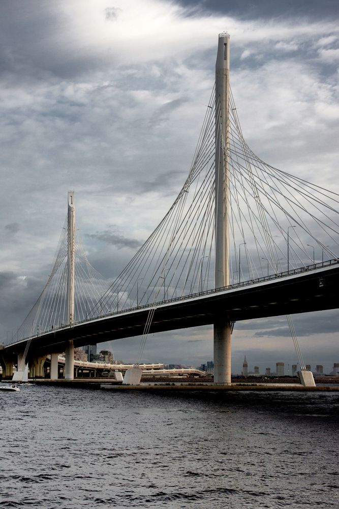 Городской пейзаж с мостом.