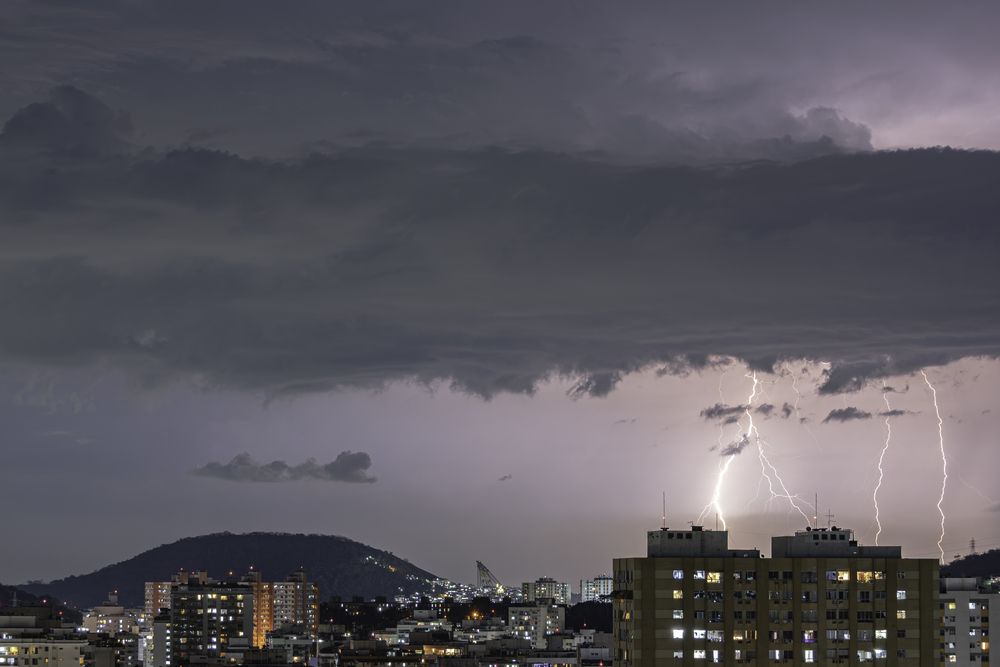 Thunderstorm with lightning in the night in Rio de Janeiro, Brazil.