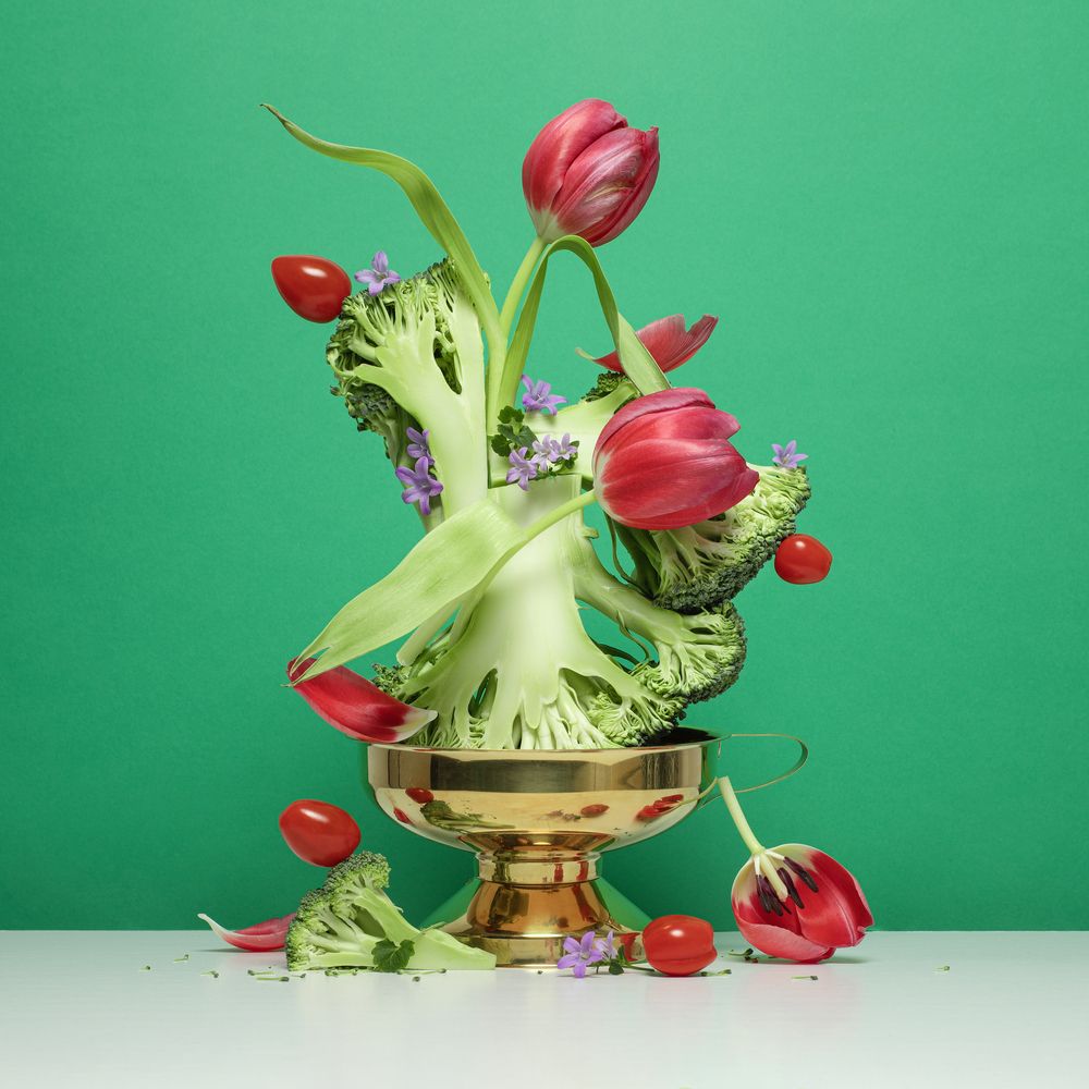 Still life with tulips and vegetables