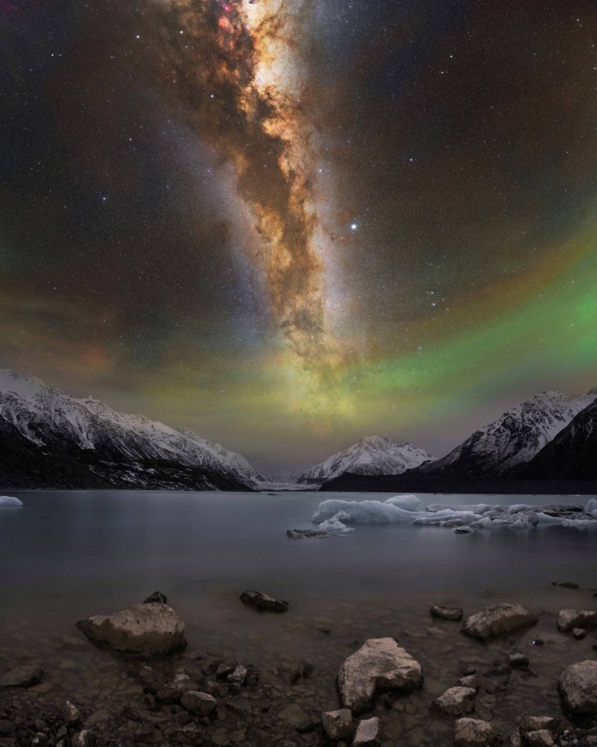The Great Rift of the Milky Way over the Tasman Lake, June 2025, New Zealand