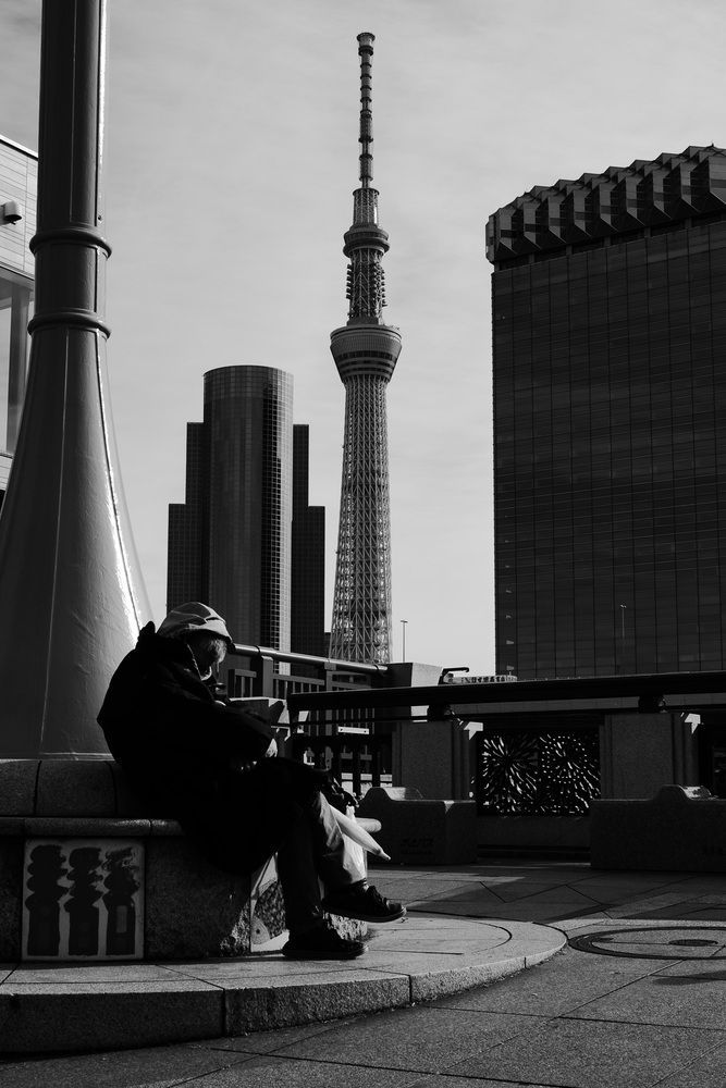 at the foot of the tower