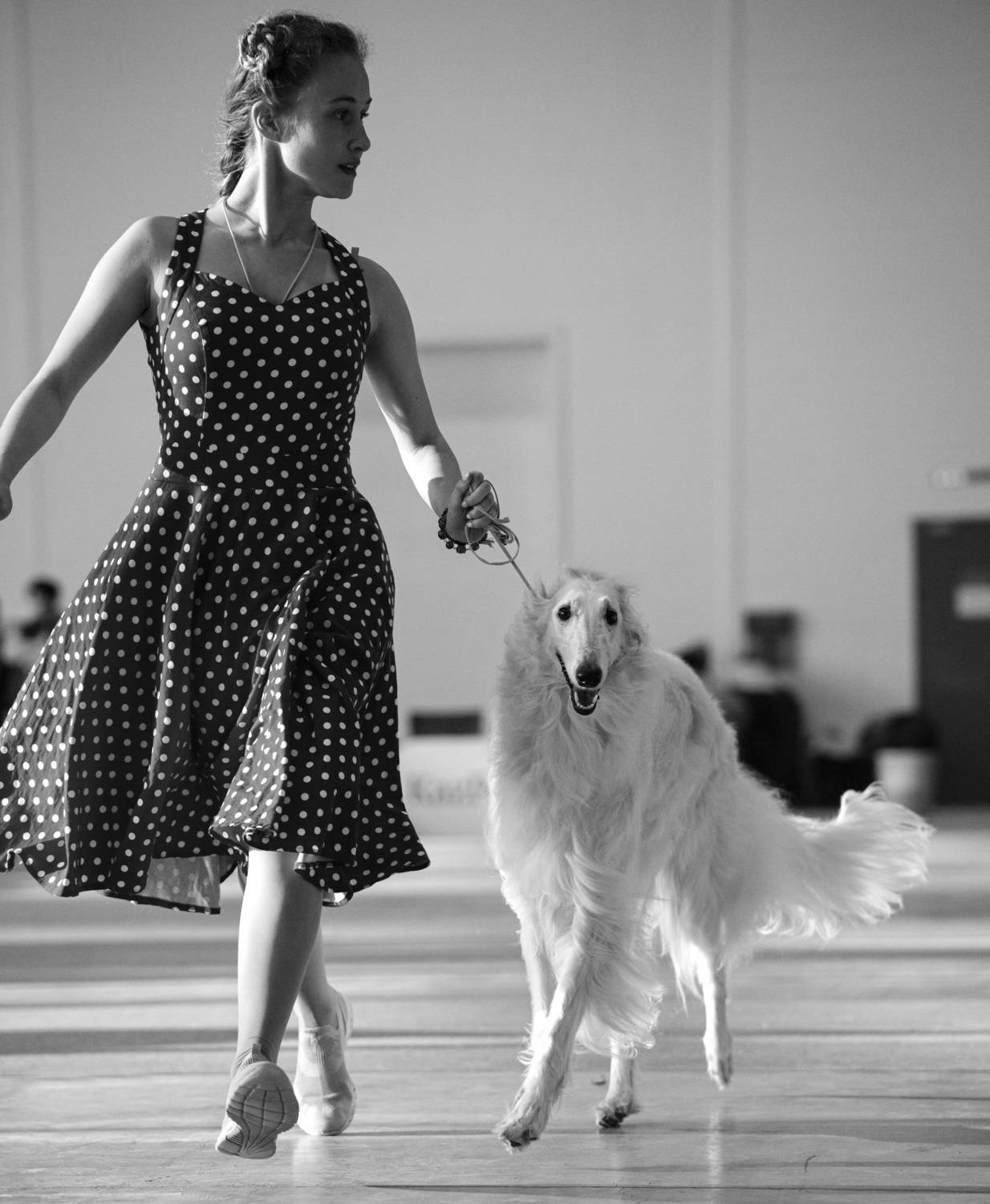 Девочка в красном сарафане и с белой собакой