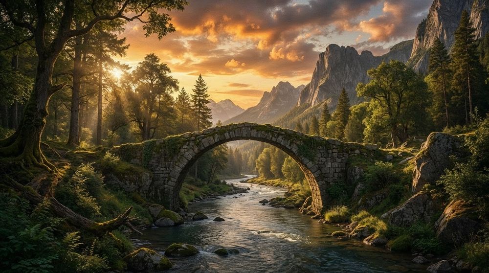 stunning sunset at the bridge in the forest