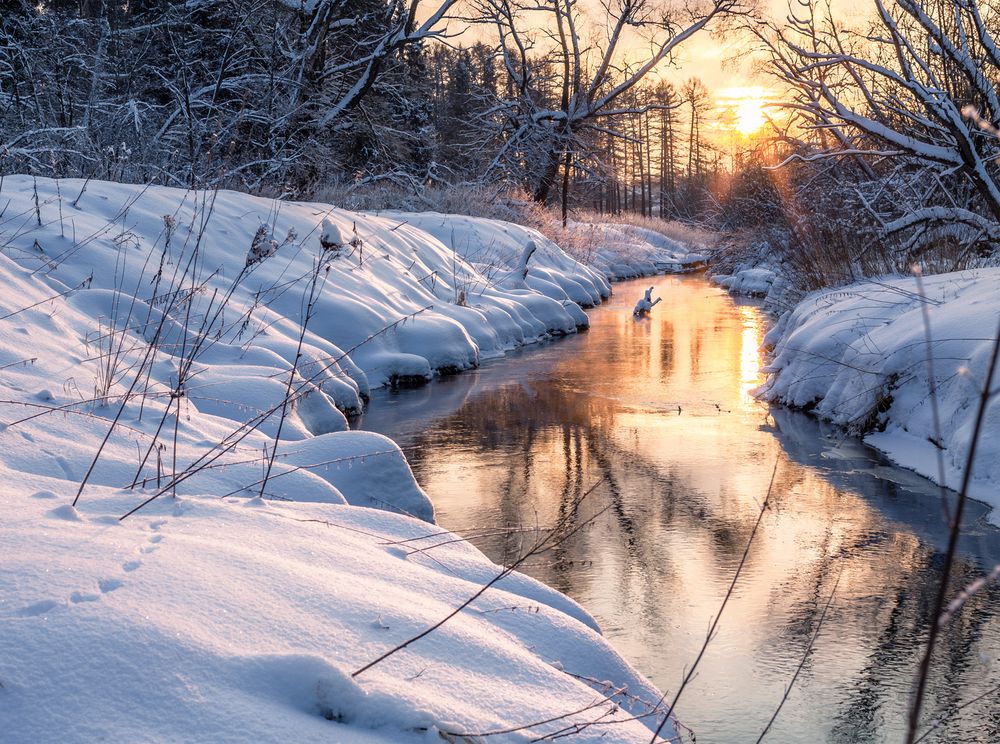 Зимний закат на лесной речке