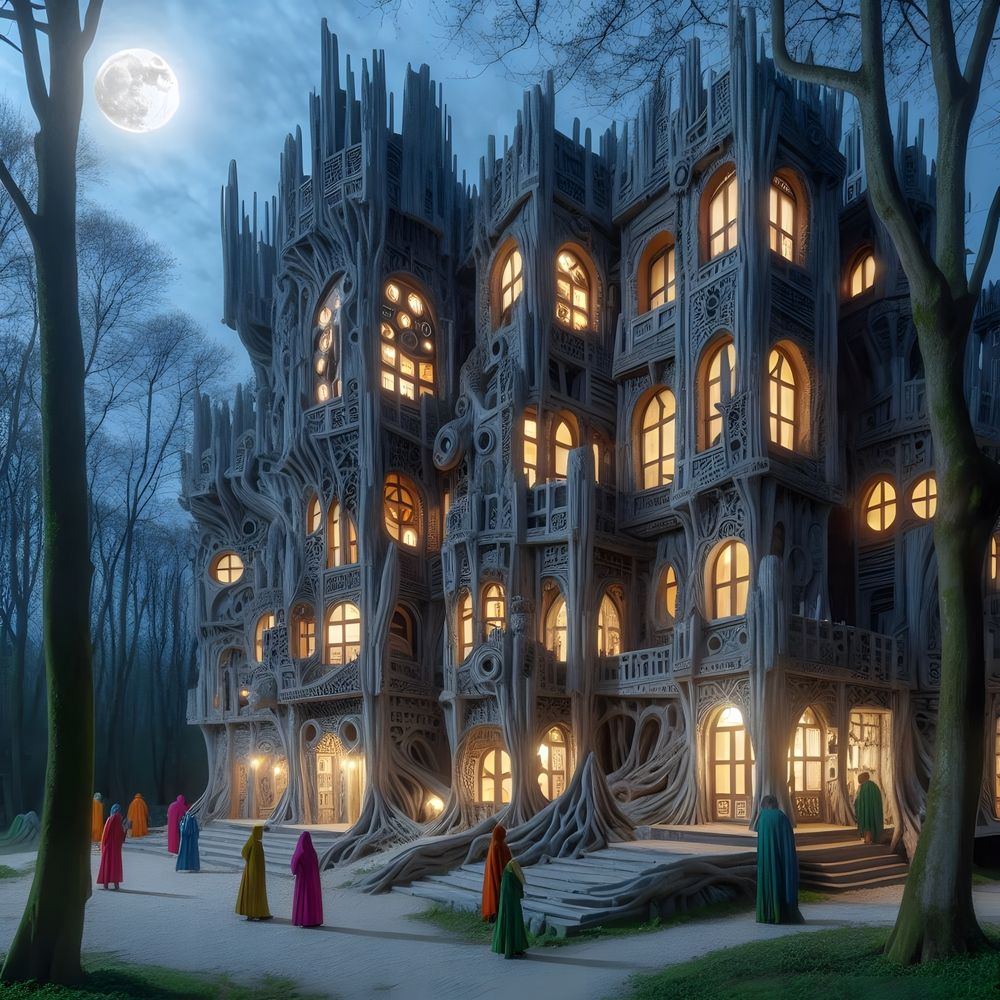 Conference of the wise men in the Palace of Nature in a post-atomic world