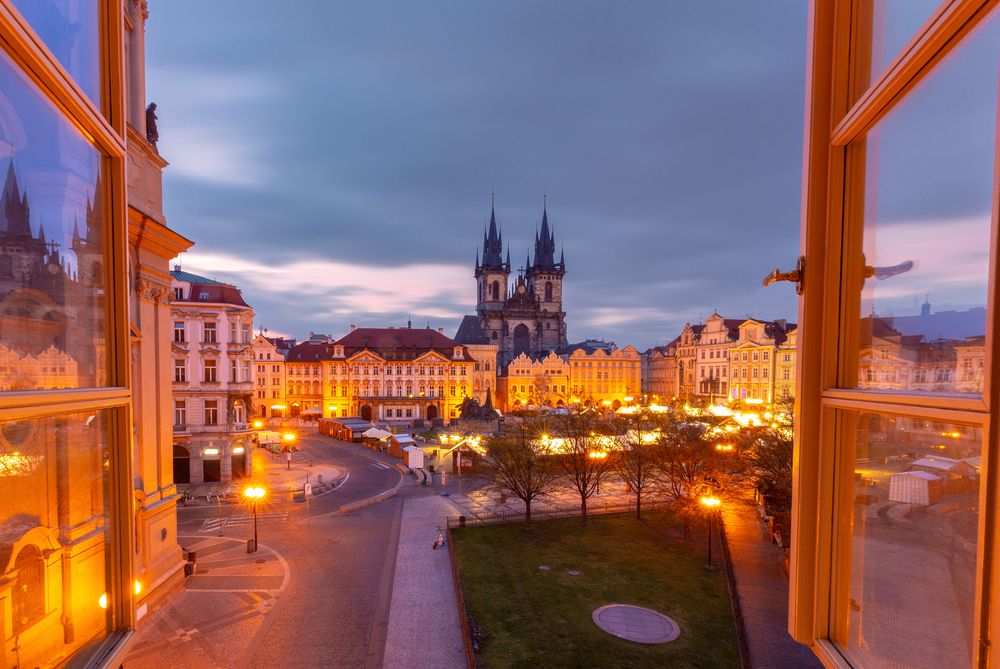 Old Town Square in Prague at dawn.