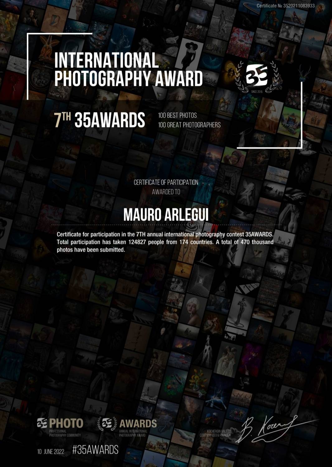 Mauro Arlegui - Diploma 7ª Versión 35 Awards (7th Edition Certificate)