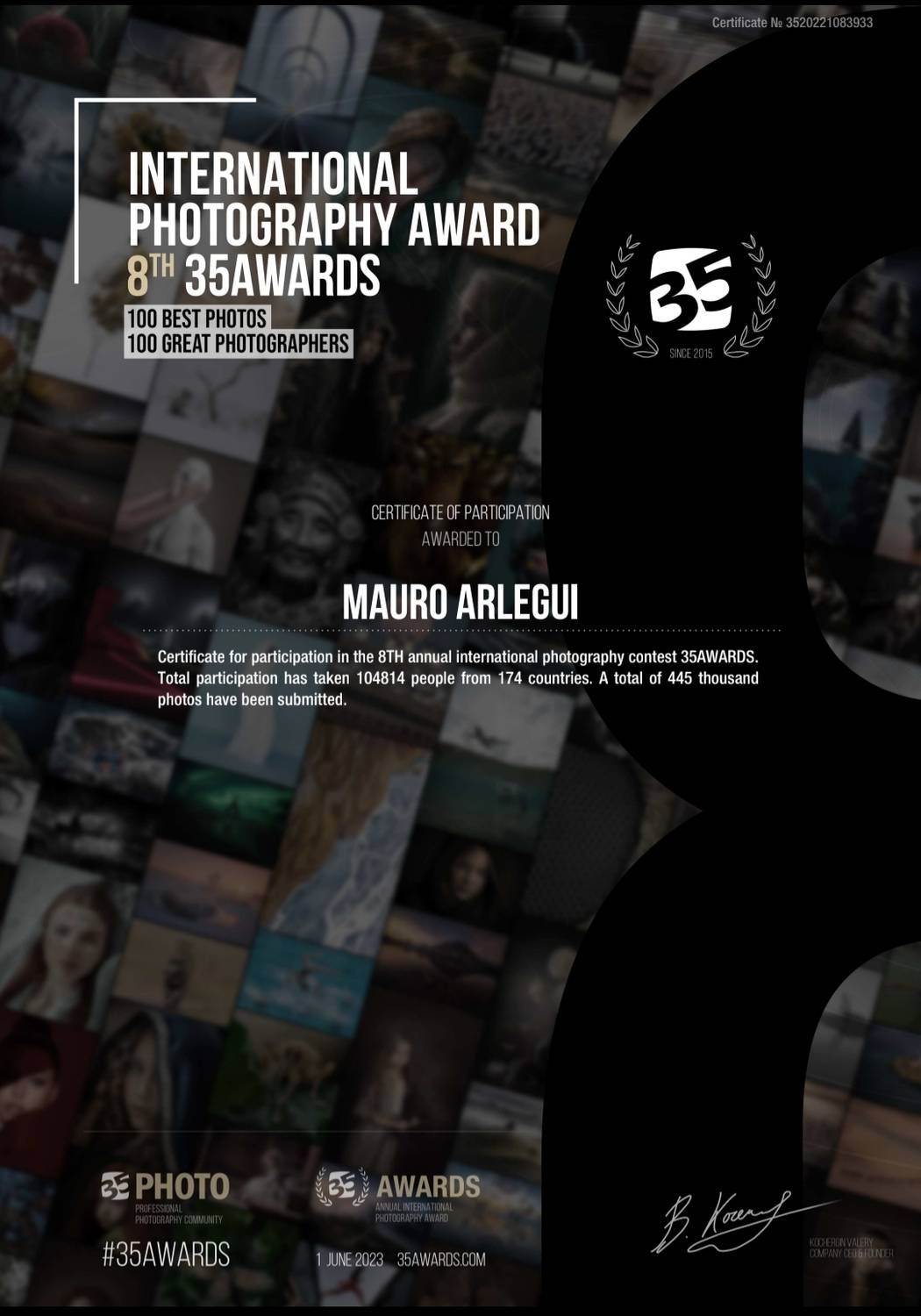 Mauro Arlegui - Diploma 8ª Versión 35 Awards (8th Edition Certificate)