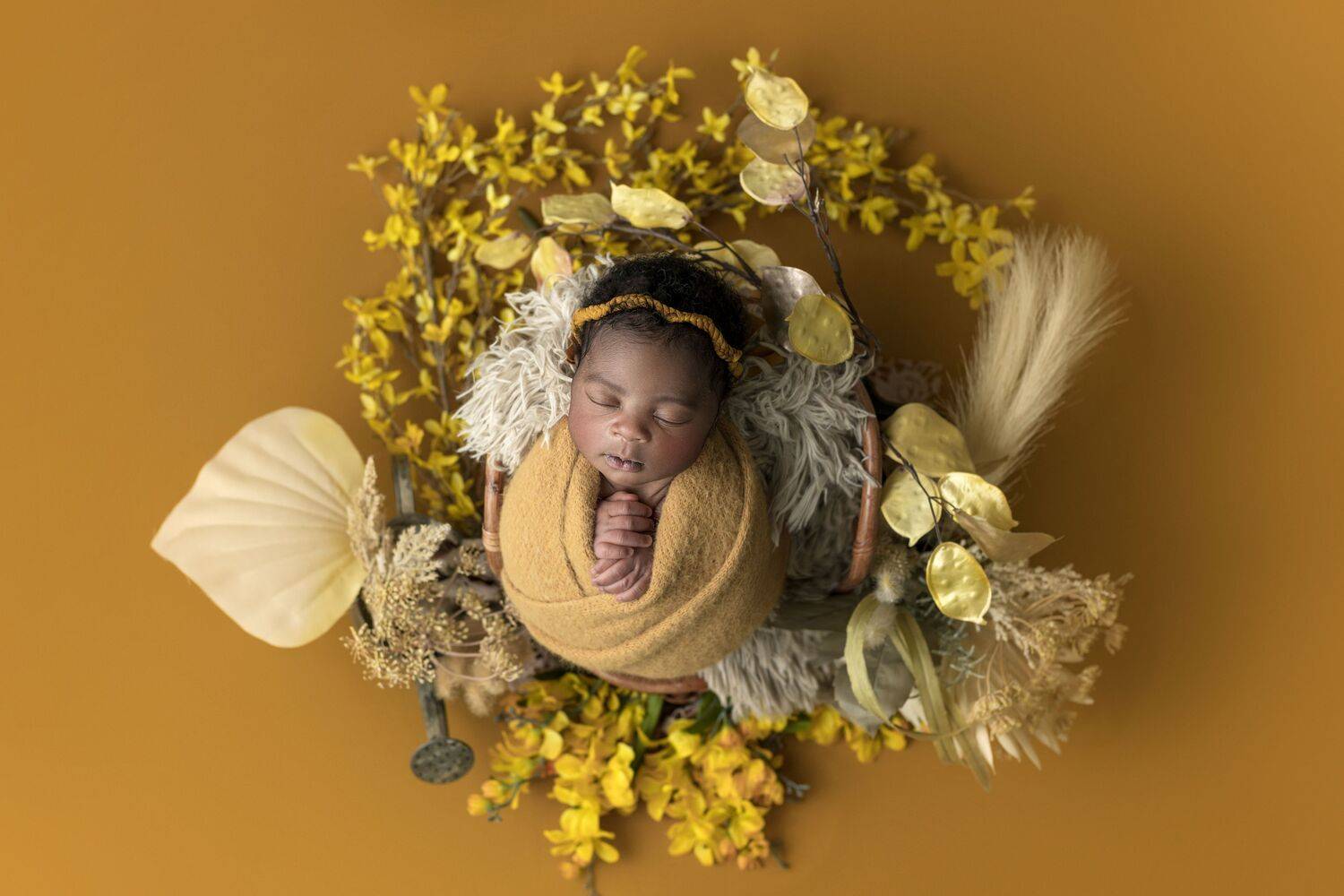 Newborn girl surrounded by yellow flowers