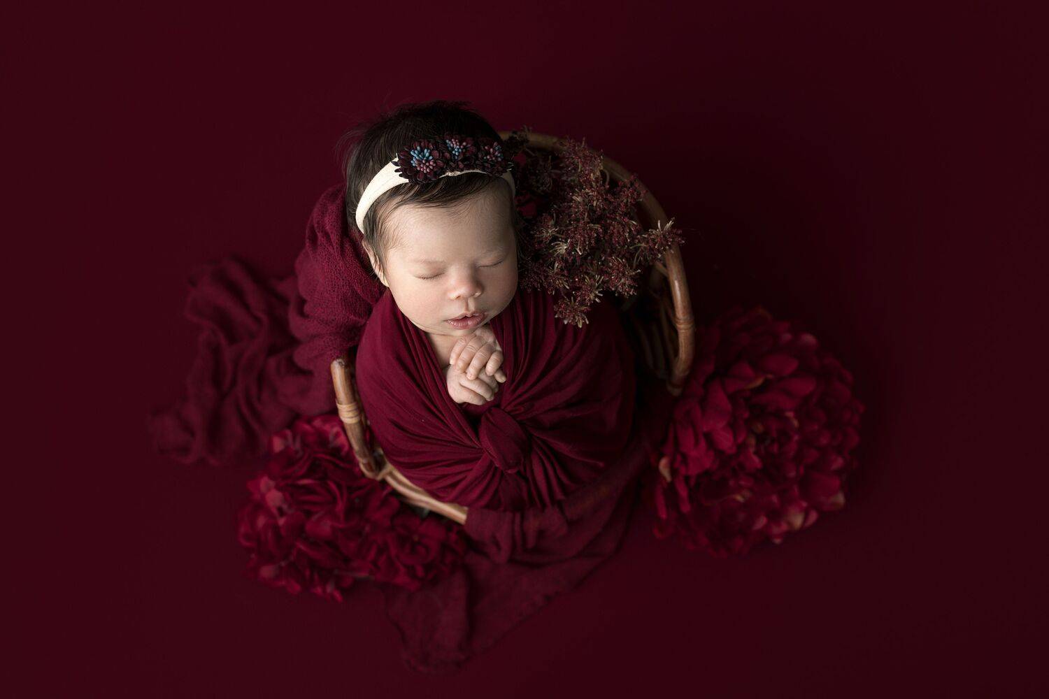 Newborn girl surrounded by red flowers Newborn girl surrounded by red flowers