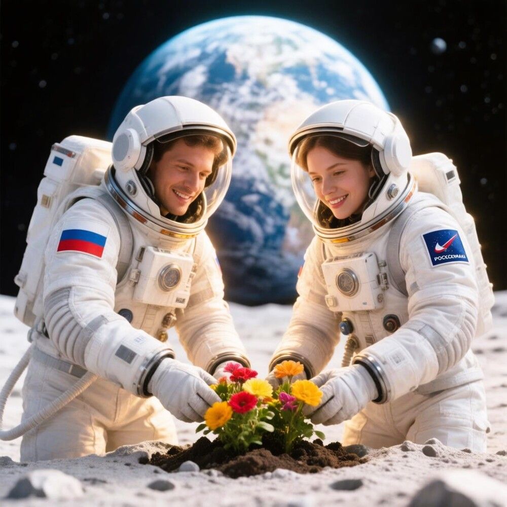 Мужчина и женщина в космических скафандрах, вместе сажают цветы в лунный грунт