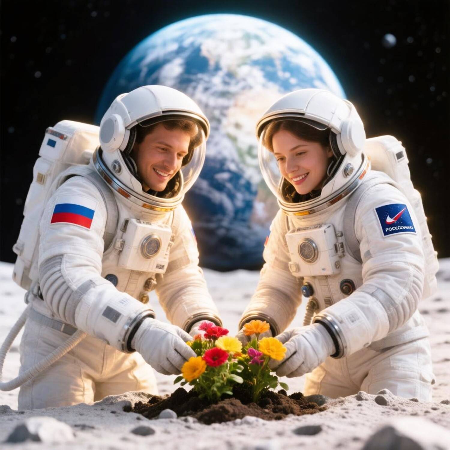 Мужчина и женщина в космических скафандрах, вместе сажают цветы в лунный грунт Мужчина и женщина в космических скафандрах, вместе сажают цветы в лунный грунт