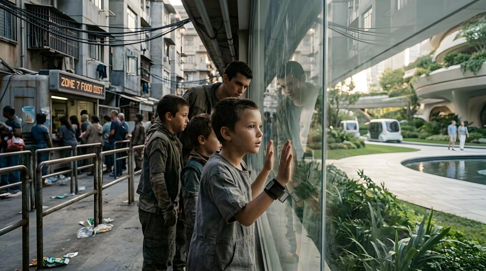 Children at the glass wall of the Core District