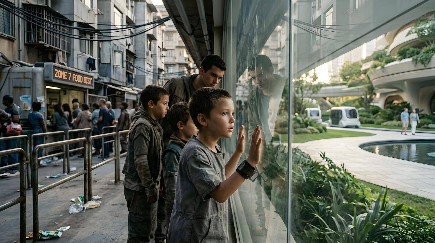 Children at the glass wall of the Core District