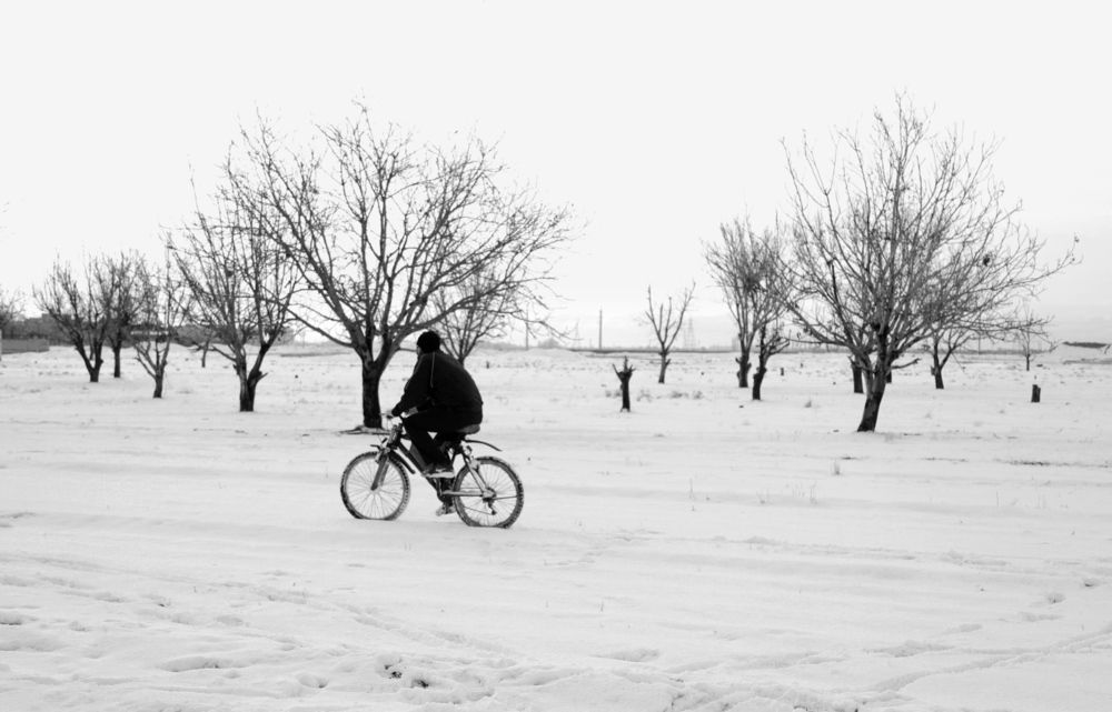 Pedaling in the silence of the snow