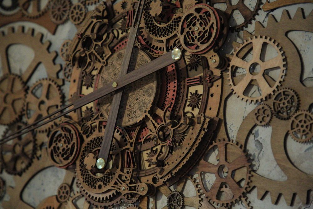 A magnificent detailed macro photograph focusing on a complex vintage wooden clock mechanism with multiple gears and hands representing time