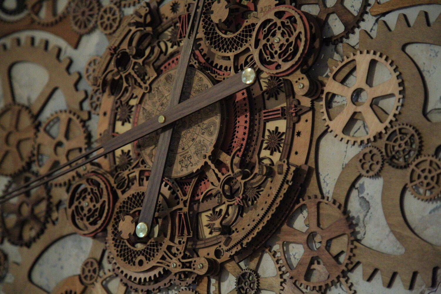 A magnificent detailed macro photograph focusing on a complex vintage wooden clock mechanism with multiple gears and hands representing time A magnificent detailed macro photograph focusing on a complex vintage wooden clock mechanism with multiple gears and hands representing time