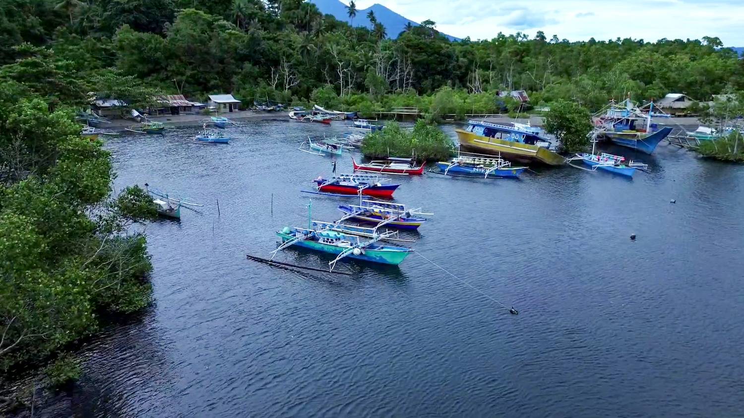 Aerial View Fishing Boats Tasik Oki Beach North Sulawesi Indonesia