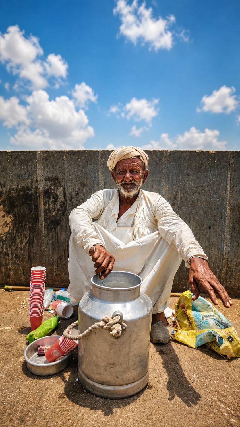 Elderly man selling buttermilk