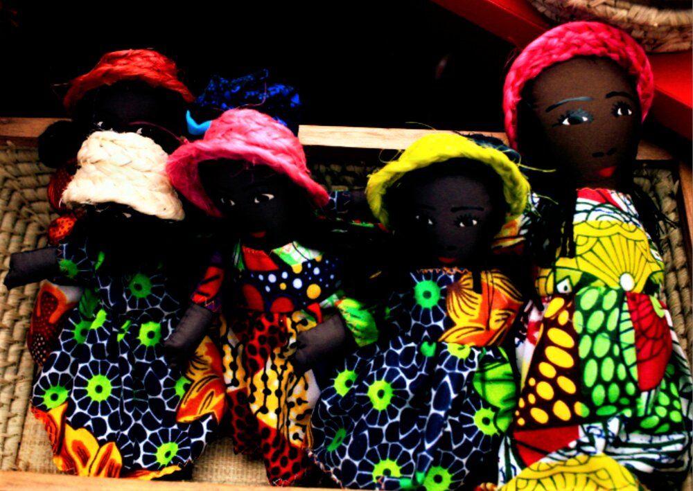 Handmade Black Rag Dolls in a Woven Basket