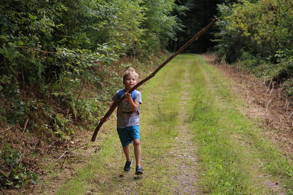 A beautiful medium landscape photograph showing a happy young boy running along a green forest path while holding a long wooden branch stick