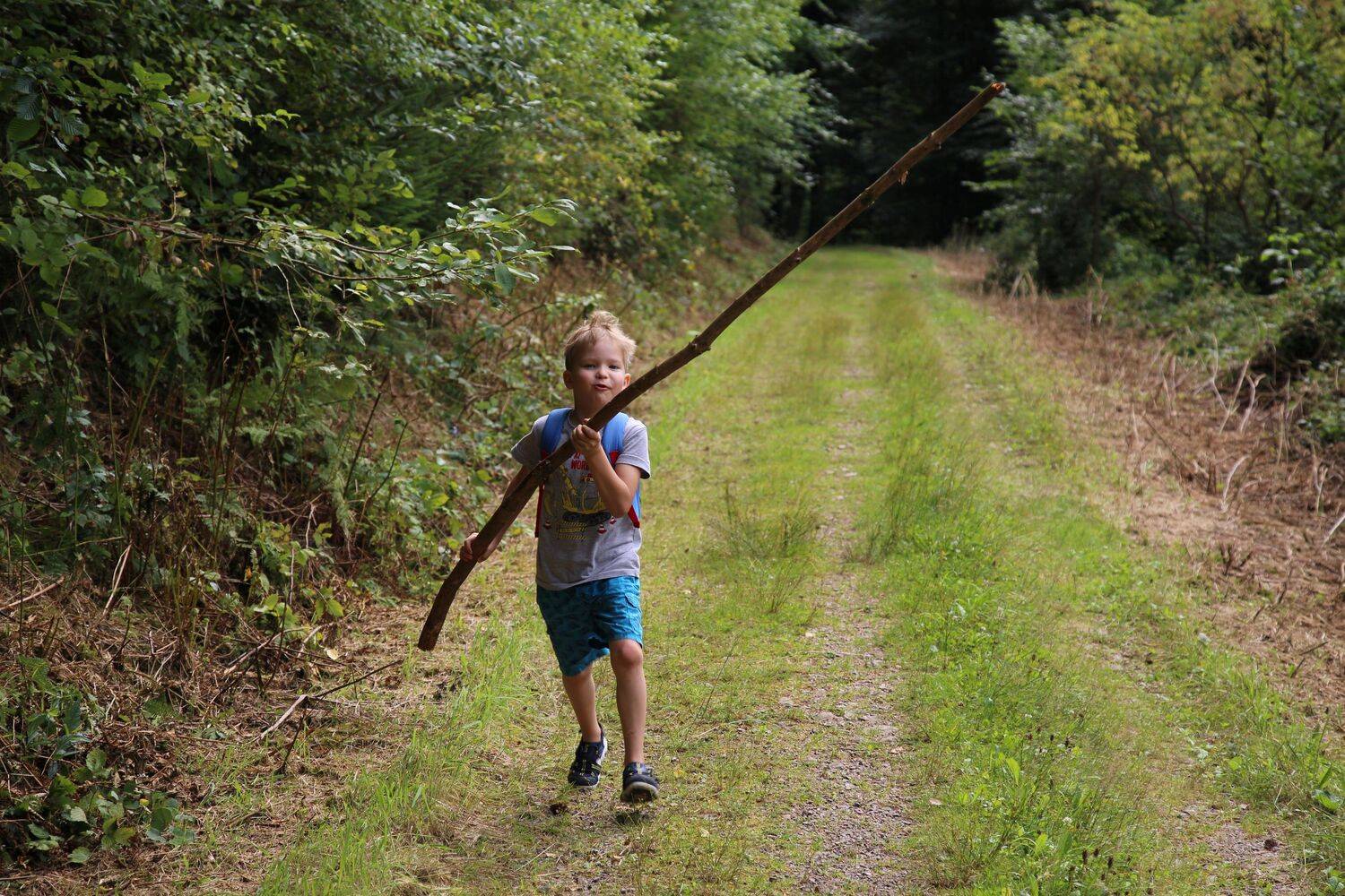 A beautiful medium landscape photograph showing a happy young boy running along a green forest path while holding a long wooden branch stick
