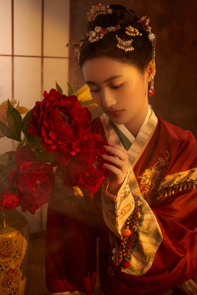 The Lady and the Crimson Peonies
