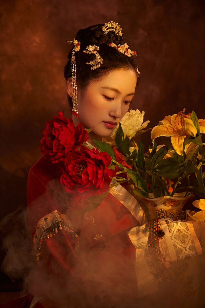 The Lady and the Crimson Peonies