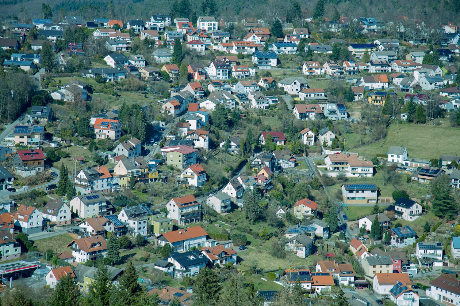 A beautiful detailed high angle landscape photograph showing many residential village houses and green pine trees upon a sunny hill during a bright spring day